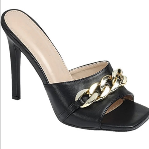 Shoes - Women's Black Chain-Accent Slide Sandal Heels